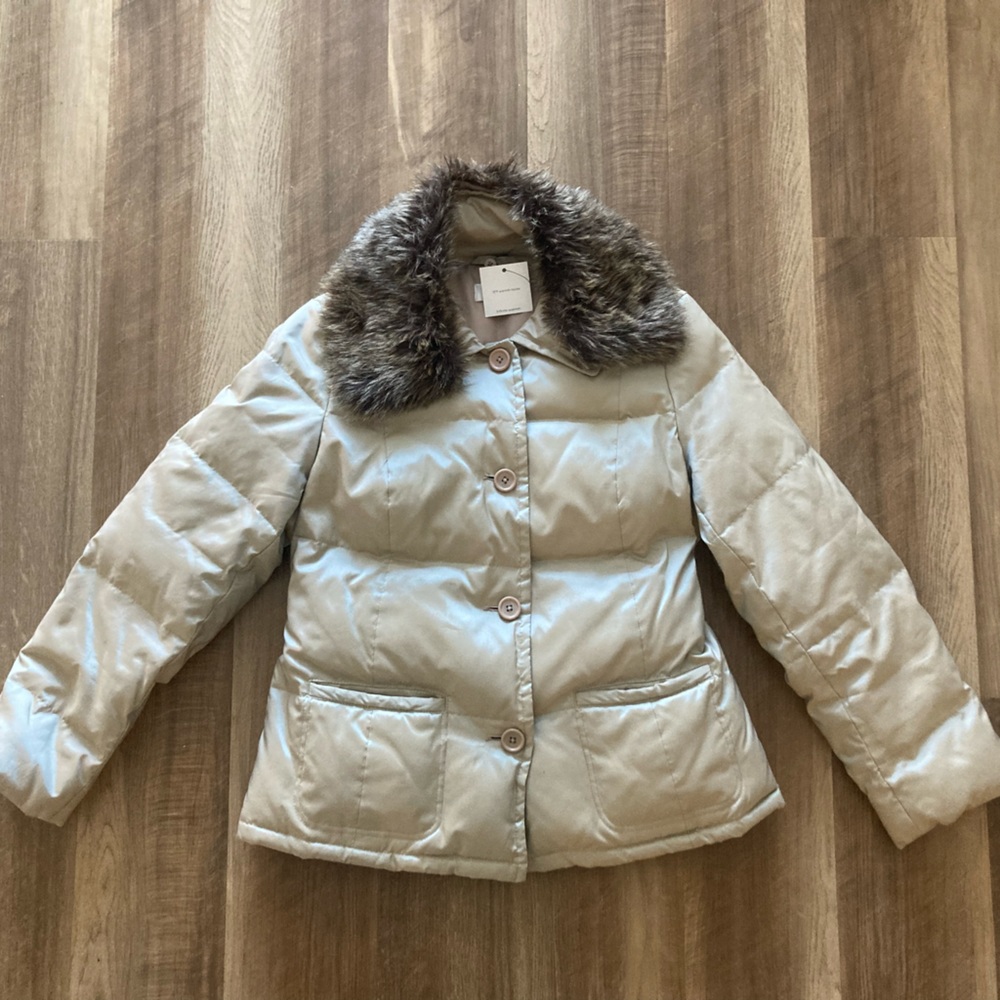 Ann Taylor LOFT down puffer jacket S buttons & fur collar NWT